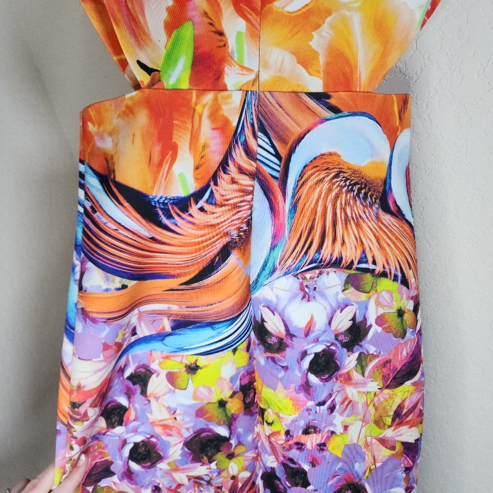 Clover Canyon Floral Bird Print Waist Cutout Midi Dress Blue Orange Size Small - Picture 6 of 15